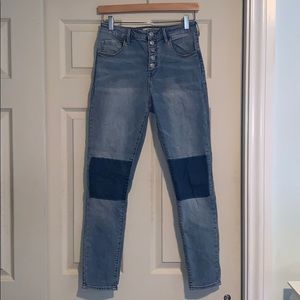Patched High Waisted Blue Jeans